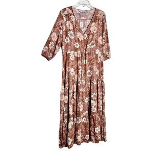 Petal & Pup Tiered Dress tan Floral  V-Neck Buttons maxi XL  Flowy Prairie Boho